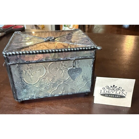 J Devlin Vintage Stained Glass Jewelry Box #408 Trinket Box LOVE Charm with Tag - Picture 1 of 11